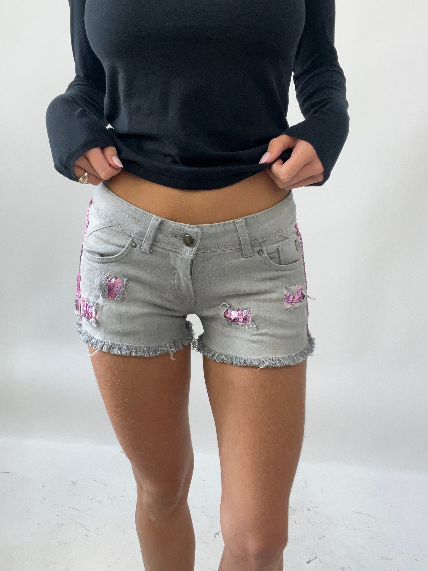 SUMMER SOLSTICE DROP | small grey denim shorts with pink sequins