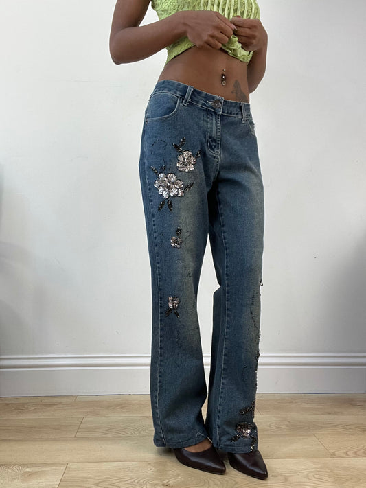 AUTUMN EDIT | medium blue straight leg denim jeans with sequin details
