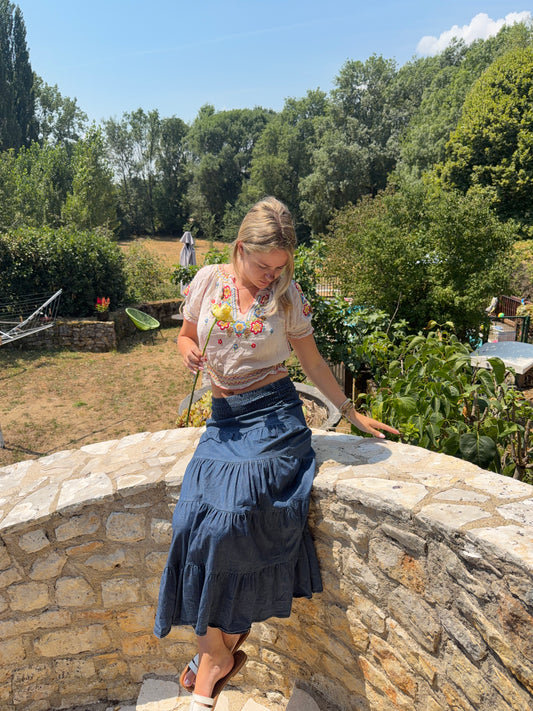 french summer drop | extra small/small blue denim tiered maxi skirt
