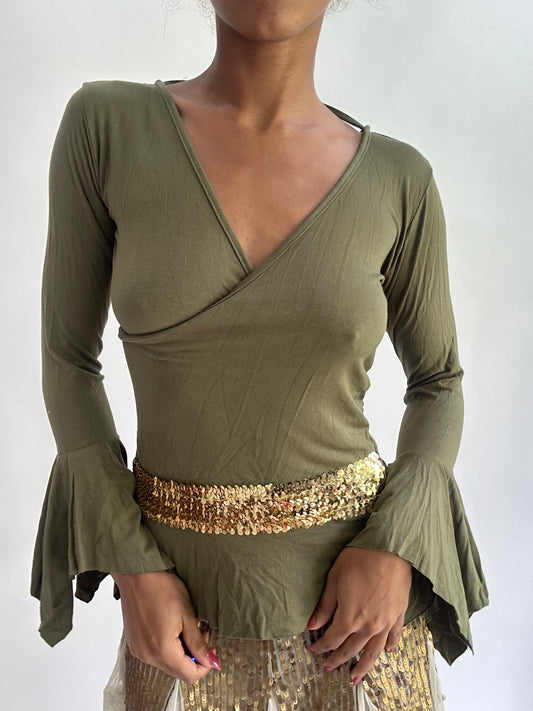olivia rodrigo drop | small green long sleeve sequin detail top