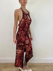 vintage edit: wedding guest | large red and burgundy halter neck maxi dress