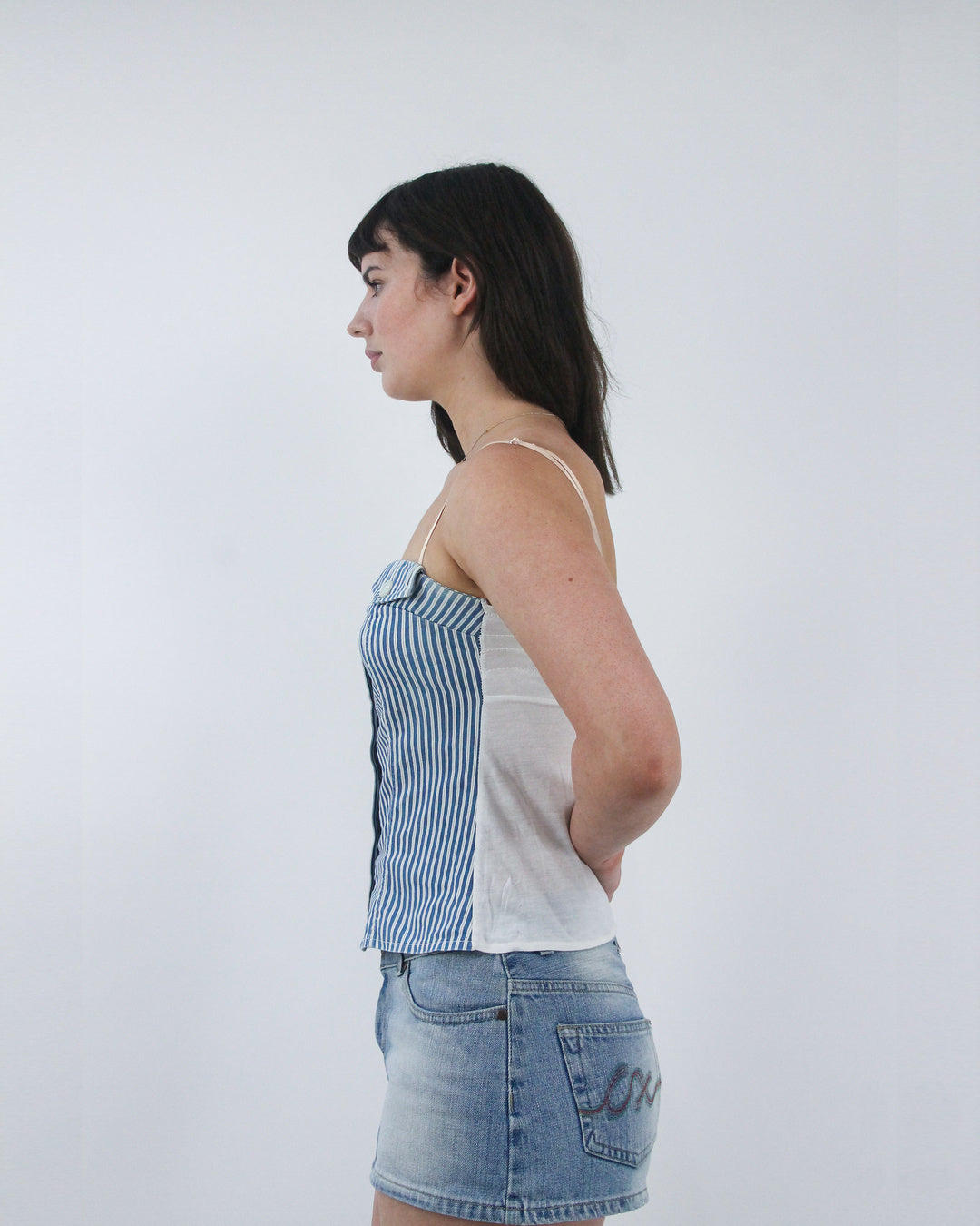 gilmore girls | medium blue pinstripe button corset top
