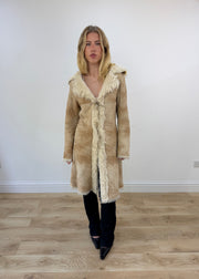 medium beige suede afghan coat with faux fur trim