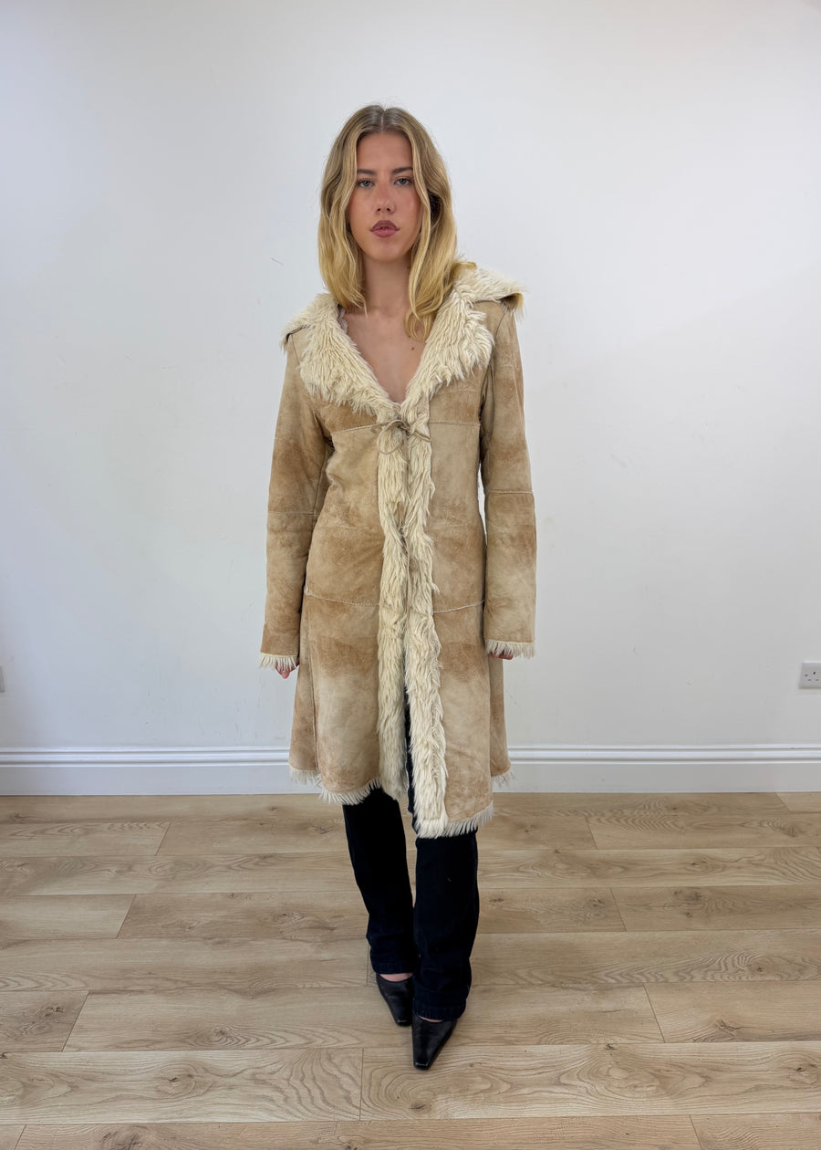 medium beige suede afghan coat with faux fur trim