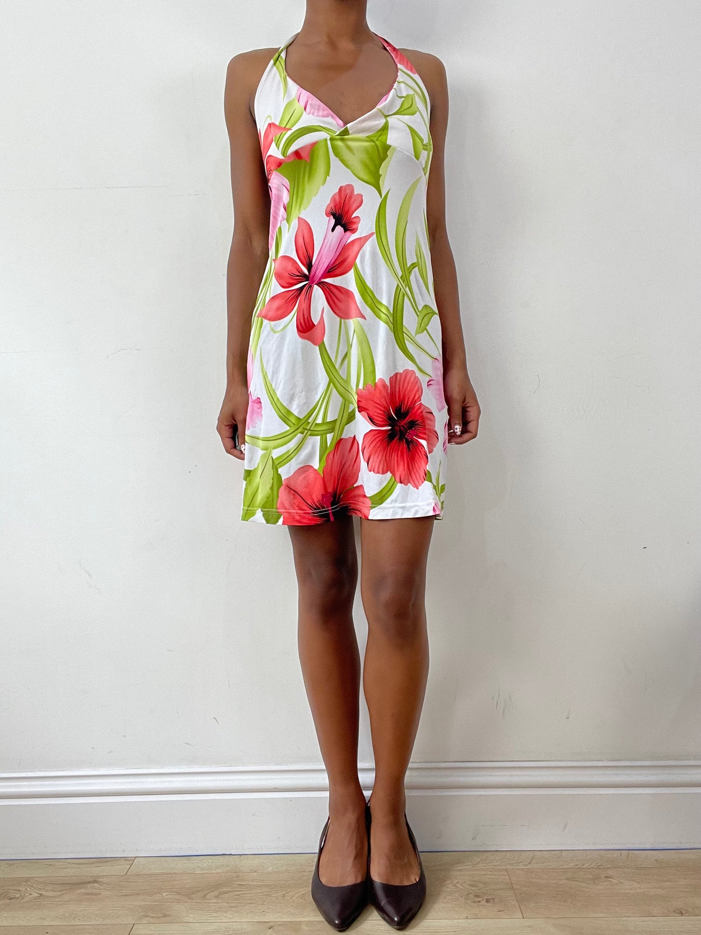 vintage edit twenty-nine | small white halterneck mini dress with floral print