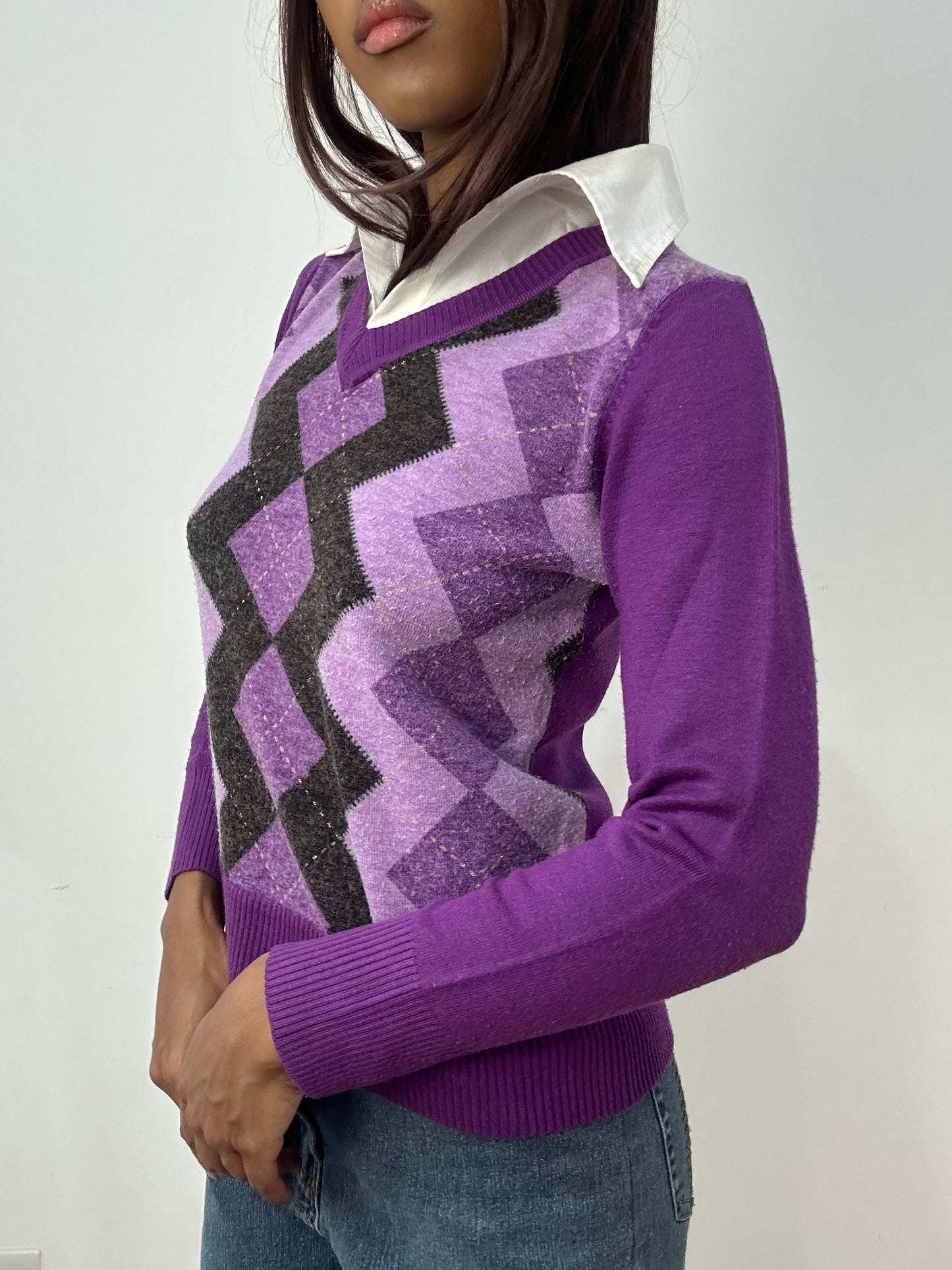 vintage edit thirty-three | small purple argyle jumper with shirt detail