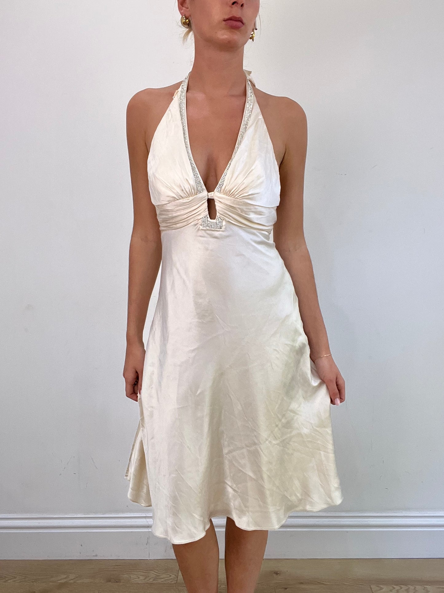 vintage edit: wedding guest | small white halter neck midi dress with diamante detail