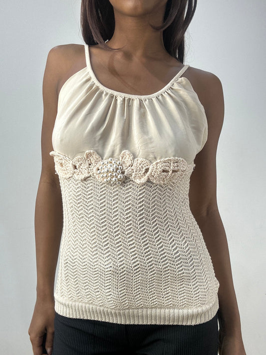 BEST PICKS | small beige knit cami top with pearl details