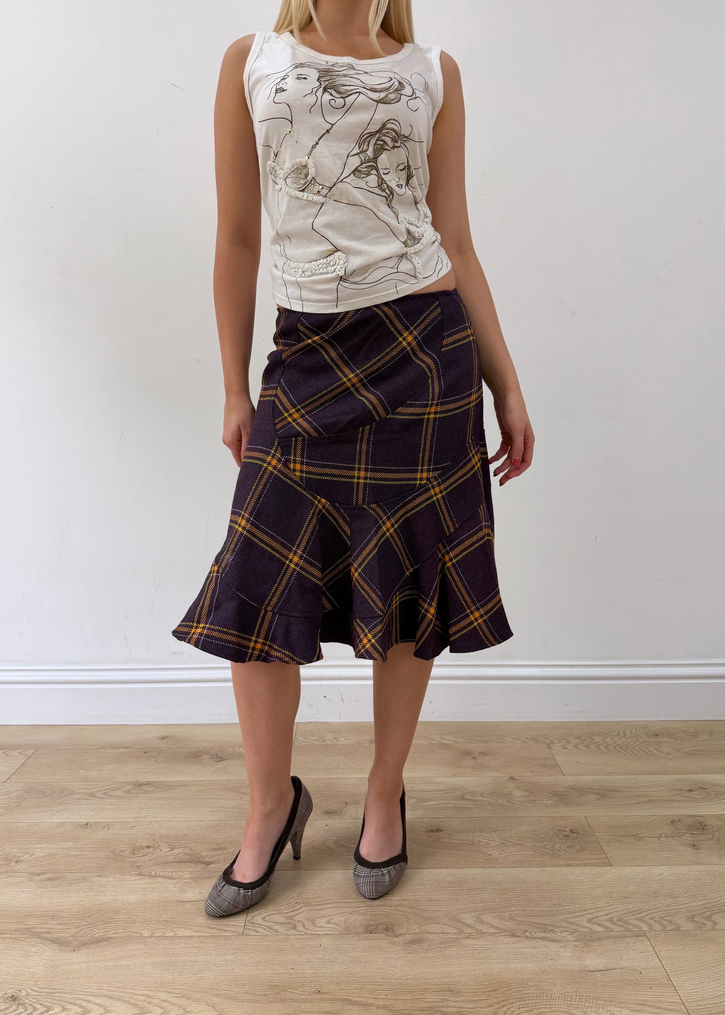 small purple plaid midi skirt