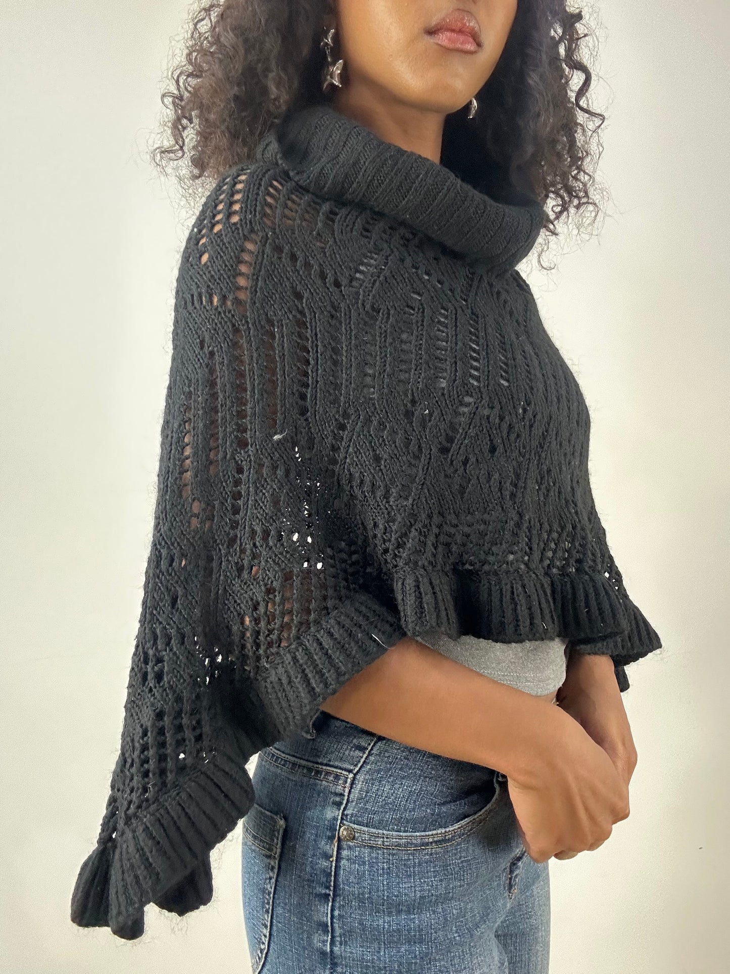 LFW edit | one size black knit crochet roll neck poncho