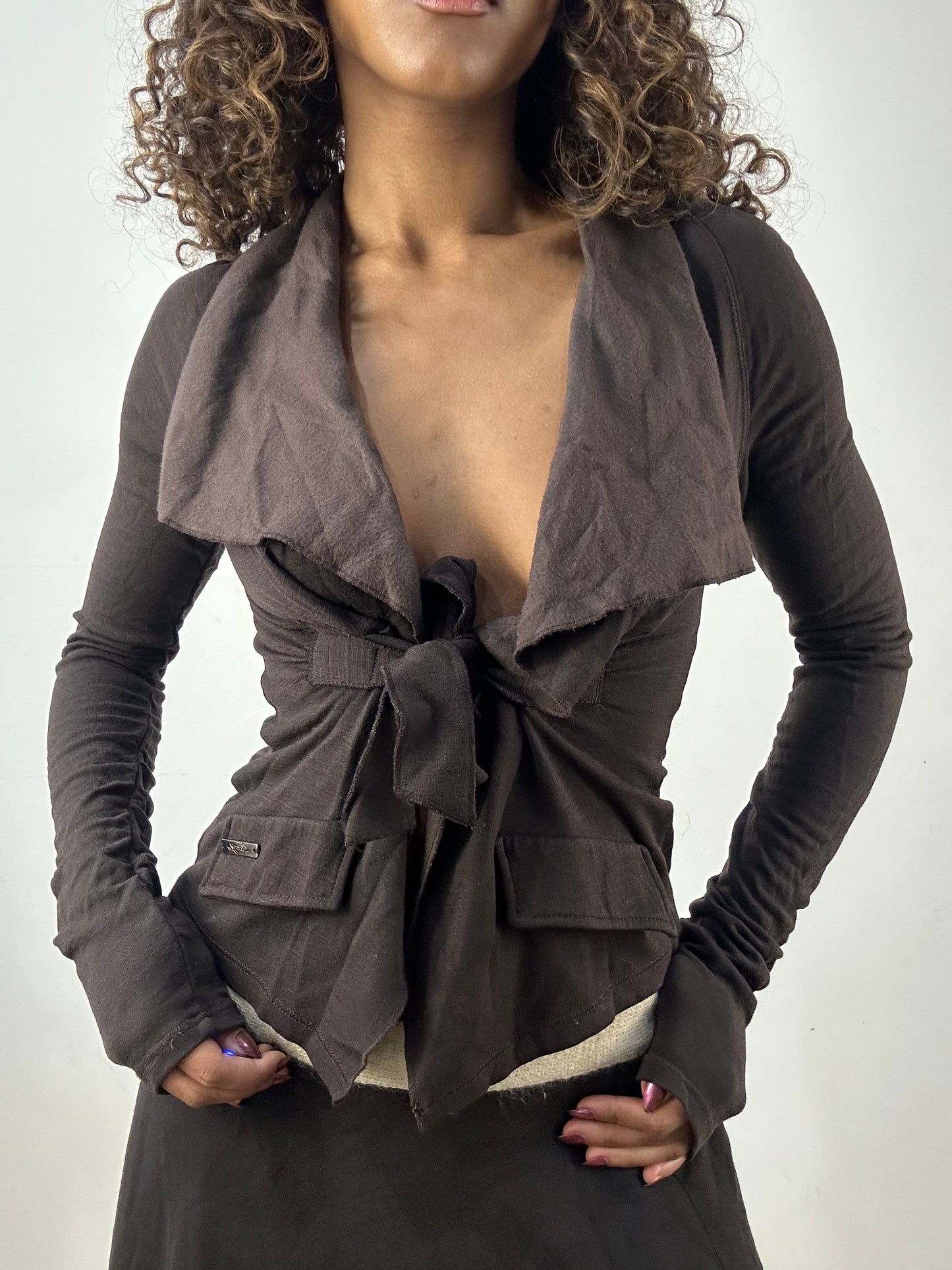 vintage edit thirty-four | small brown long sleeve top with tie up detail