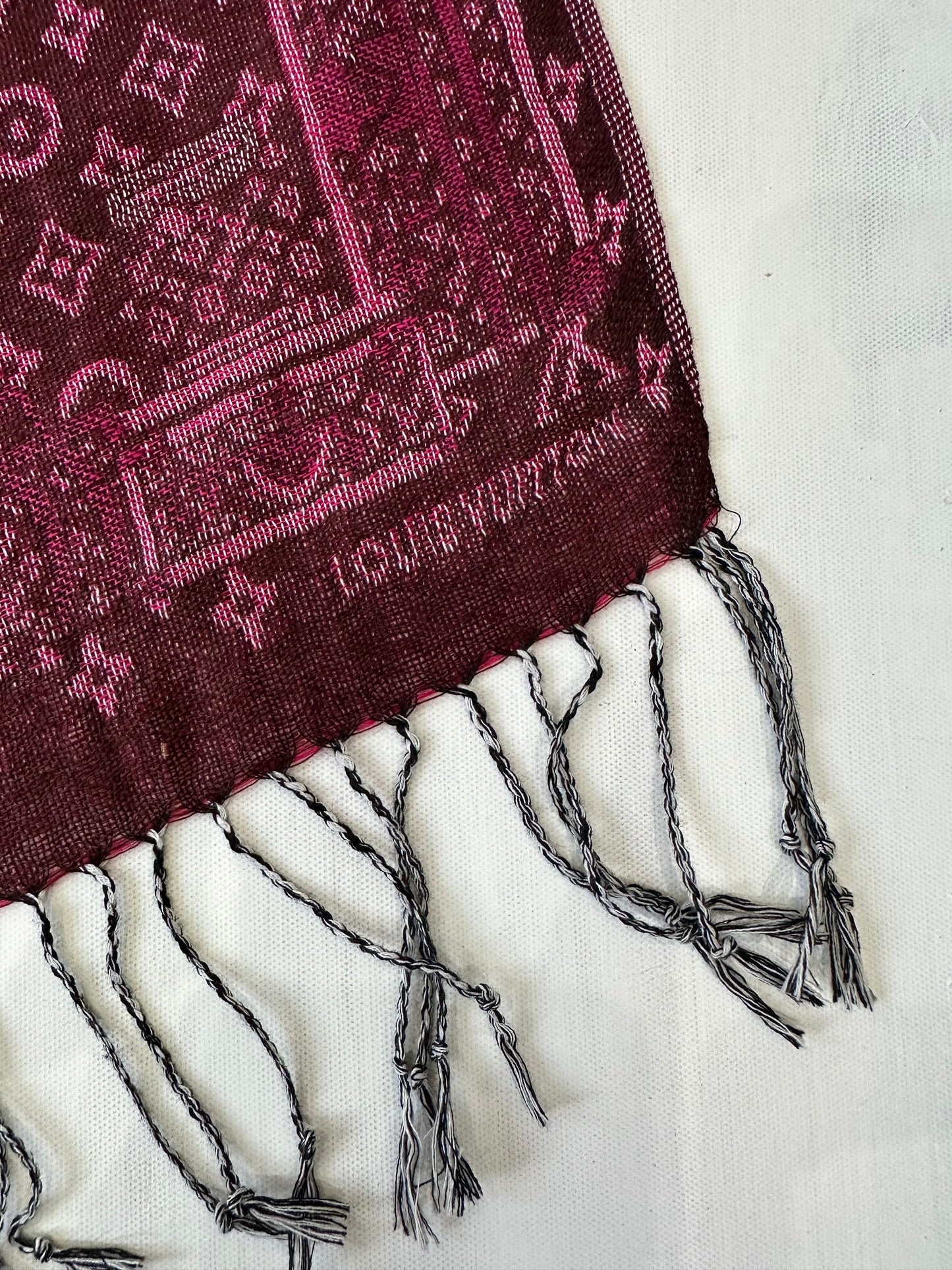 winter edit | pink and brown louis vuitton tassel scarf with monogram print