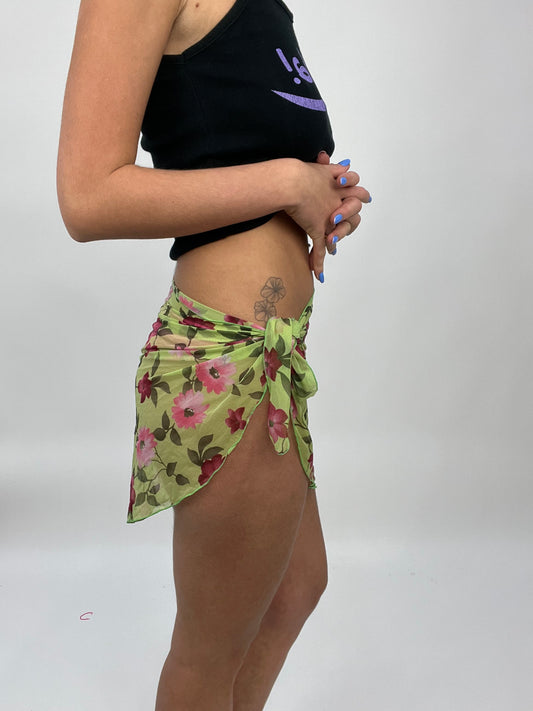 COCONUT GIRL DROP | green mesh wrap skirt with pink floral print