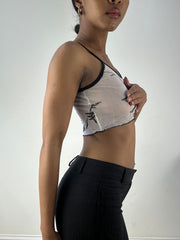 💻‼️ small sheer grey and black crop top with floral detail