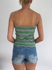 BRITISH SUMMER GIRL DROP | medium green and grey stripy cami vest with frill detail