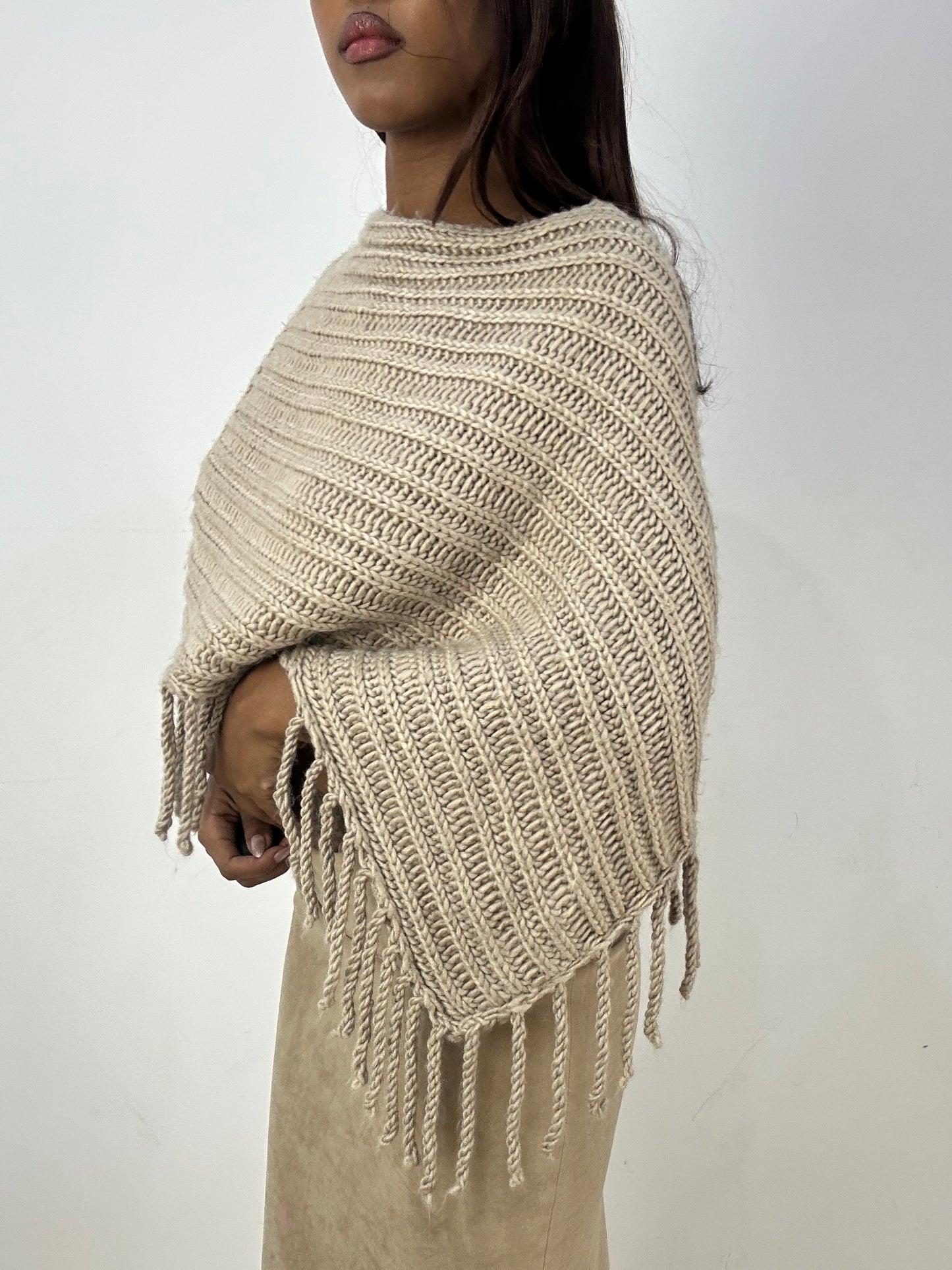 vintage edit thirty-three | small beige knit poncho with tassel fringe