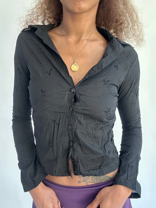 ‼️ | small black button up embroidered long sleeve top