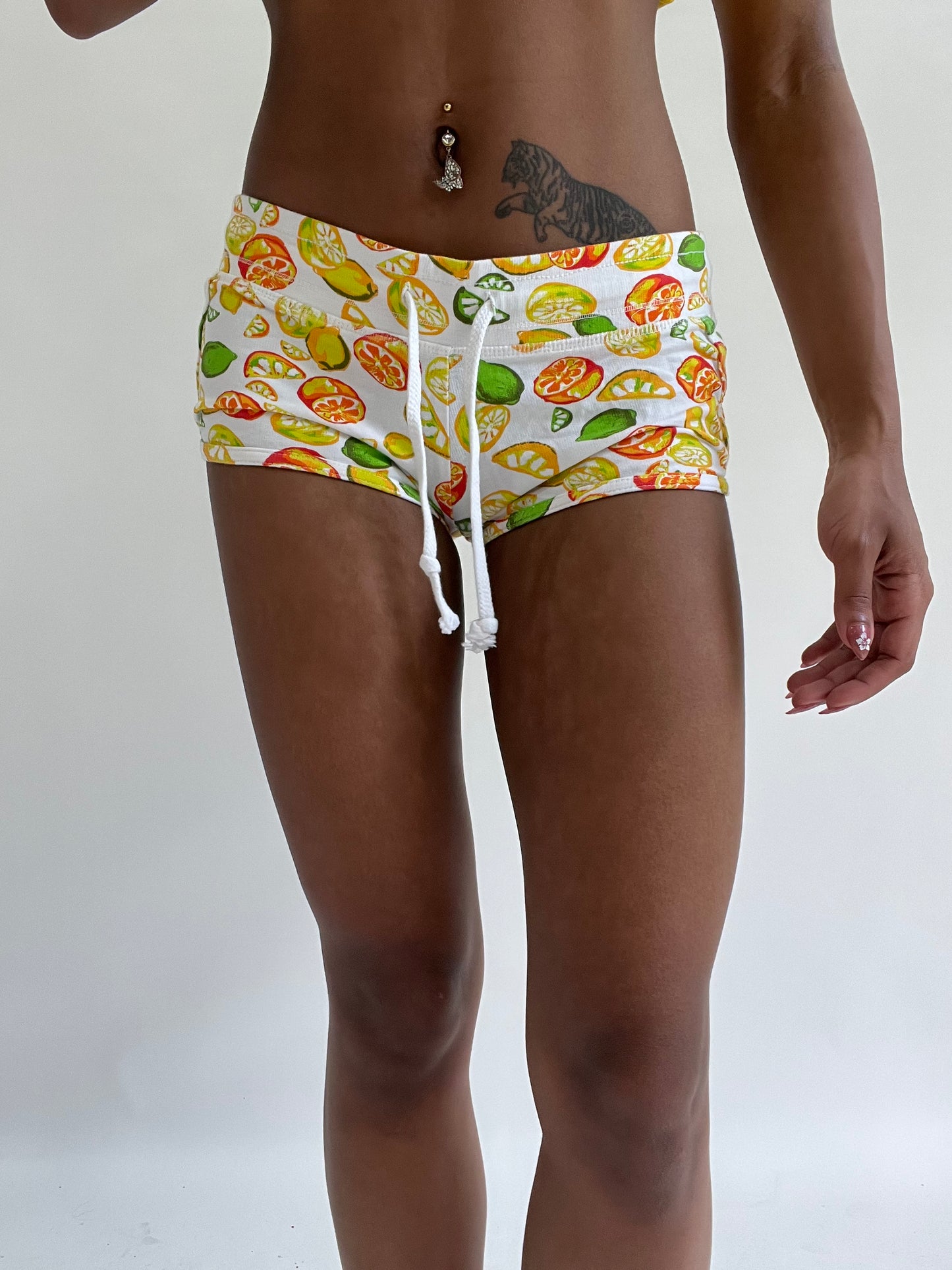 zara larsson drop | extra small white fruit print micro shorts