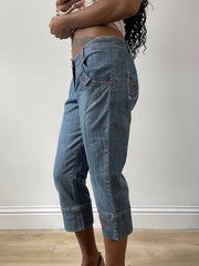 vintage edit twenty-five | medium blue cropped jeans with red rhinestone details