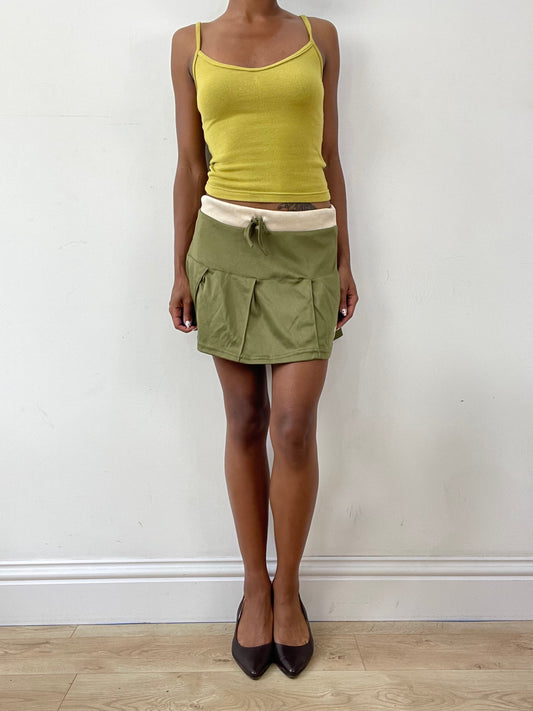 vintage edit twenty-nine | small olive green pleated mini skirt with cream waistband