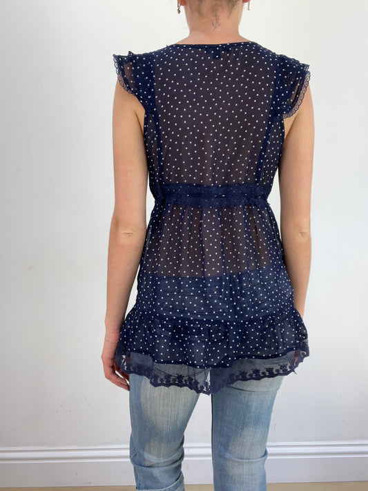 summer edit | small navy mesh short sleeve top with polka dot print