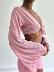 sailor drop | Pequeno rosa flared sleeve ligado para cima vestido feminino