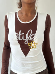 💻‼️ | small white and brown long sleeve top with sequin details