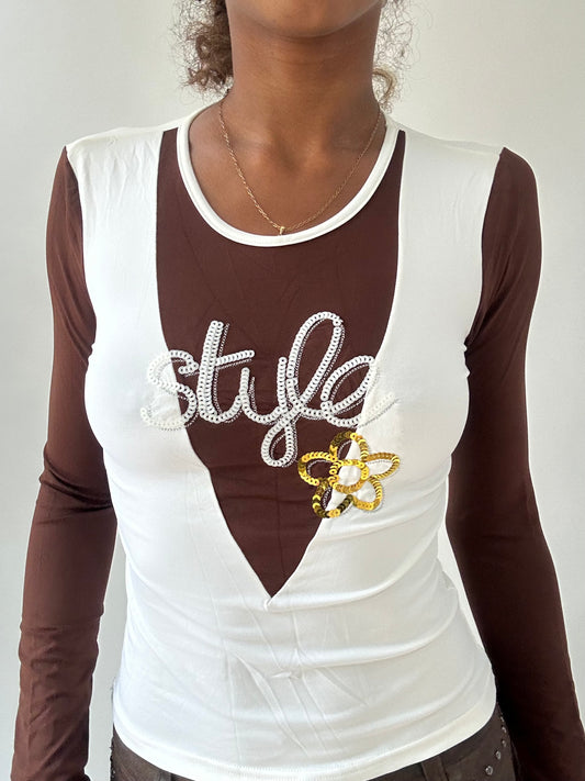 ‼️ | small white and brown long sleeve top with sequin details