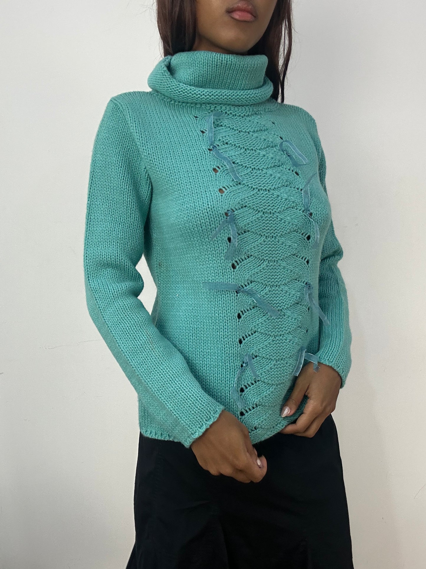 BEST PICKS | medium teal blue knit turtleneck jumper with ribbon details