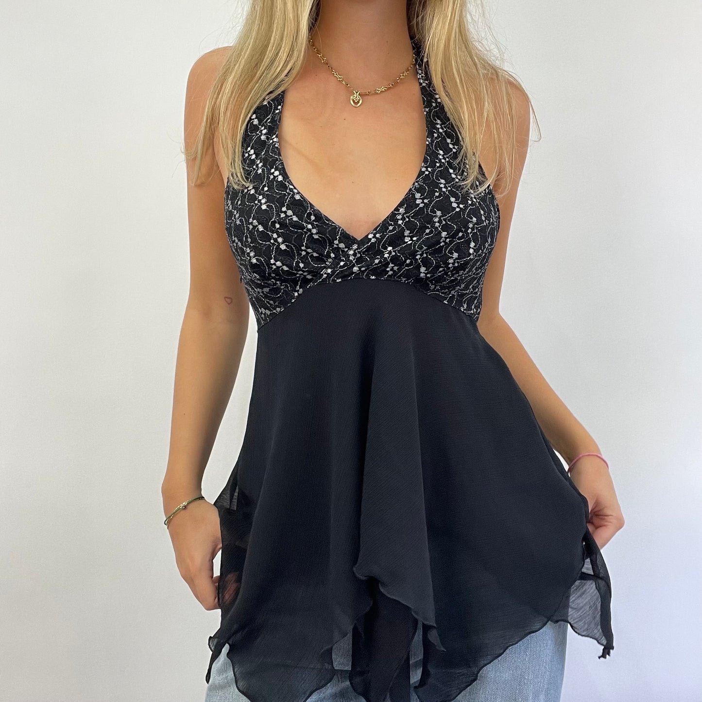 GRUNGE COQUETTE DROP | small black halterneck asymmetric top