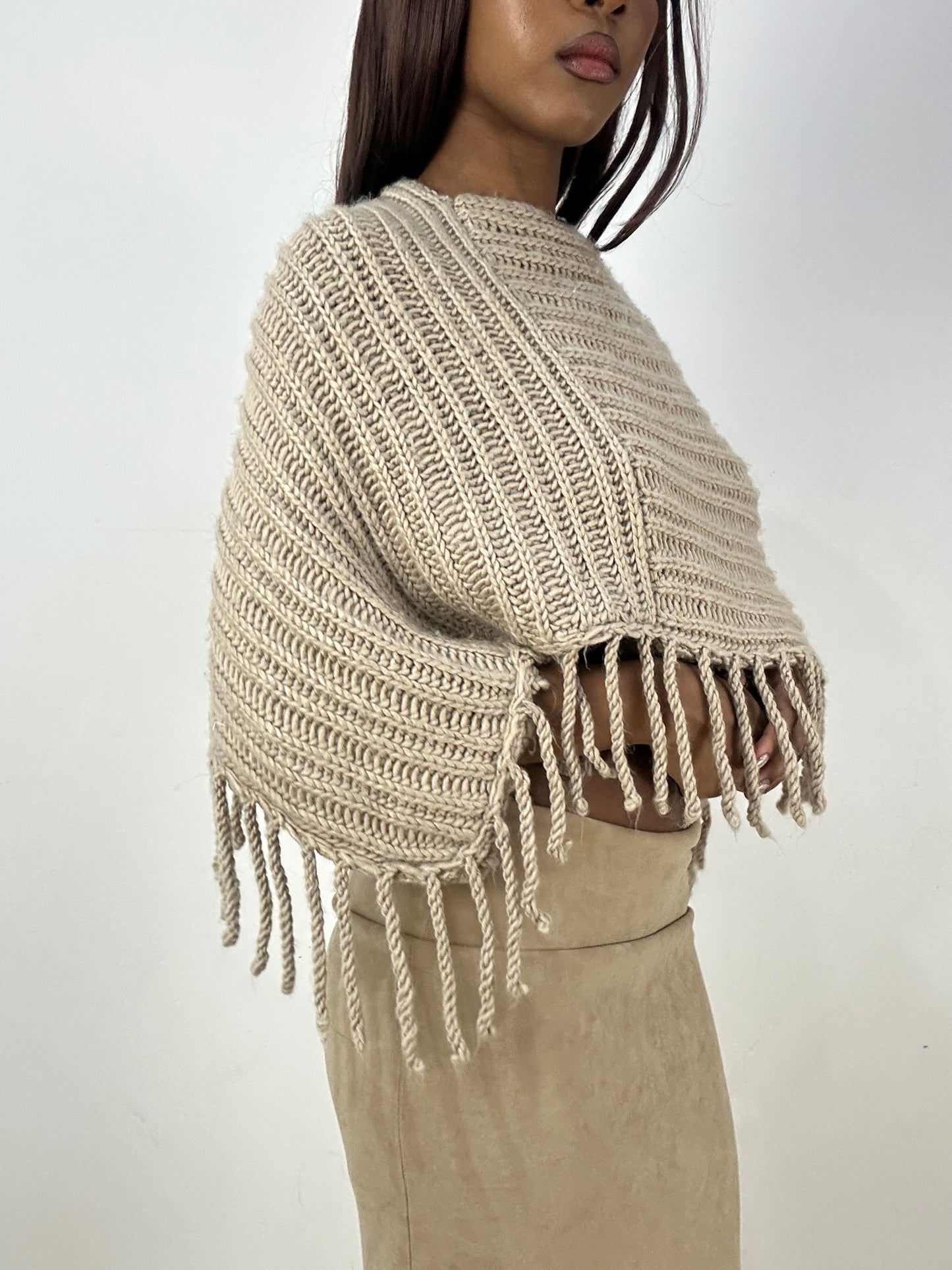 vintage edit thirty-three | small beige knit poncho with tassel fringe