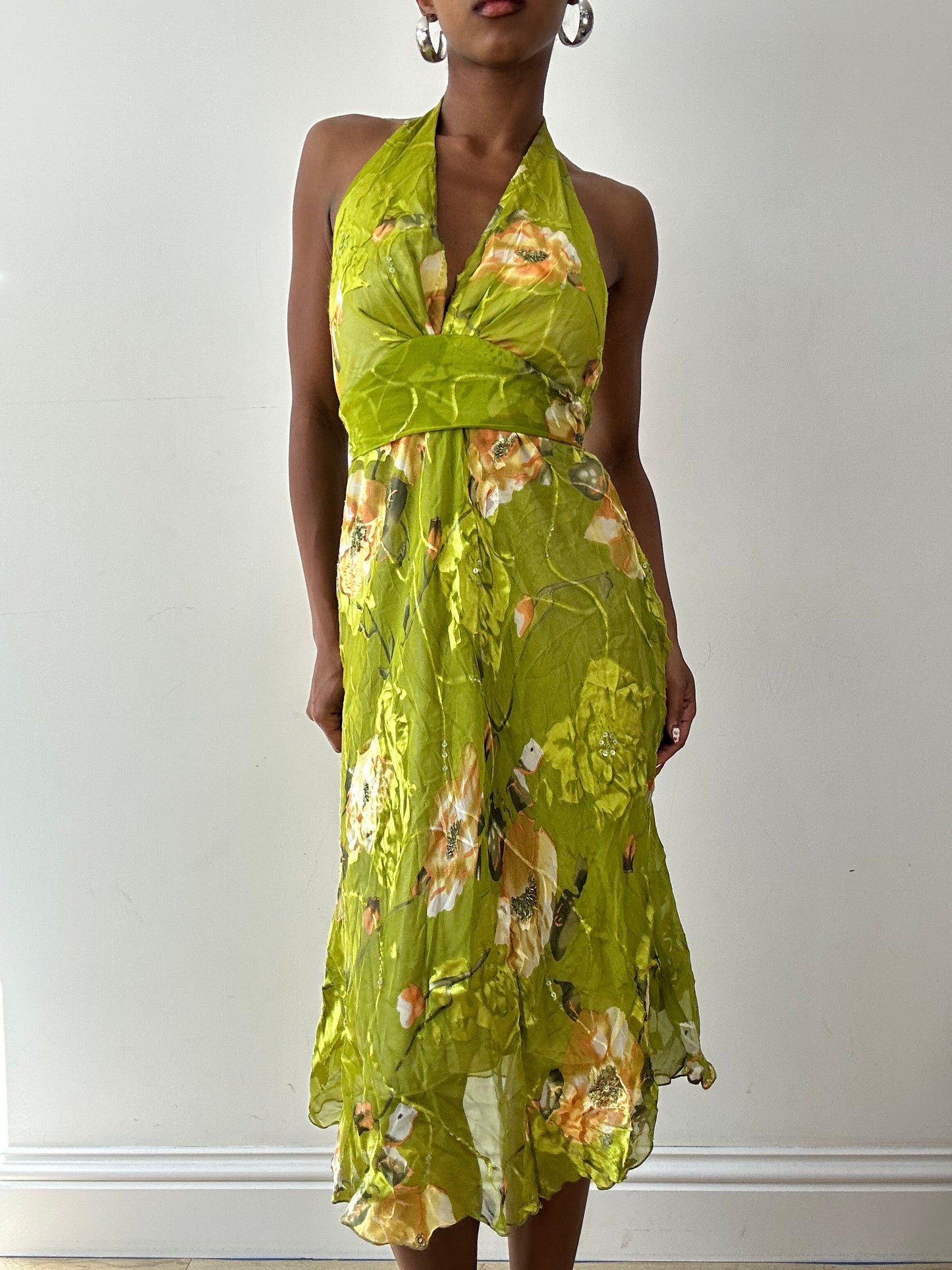 vintage edit twenty-seven | small green iridescent halterneck dress with floral pattern