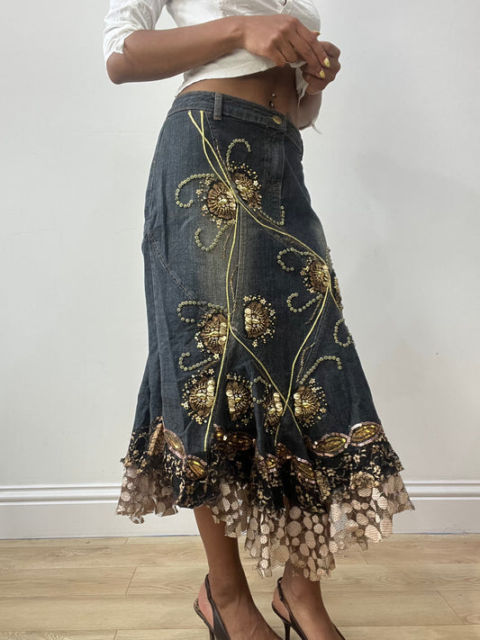 vintage edit thirty-two | medium blue denim maxi skirt with embellishments