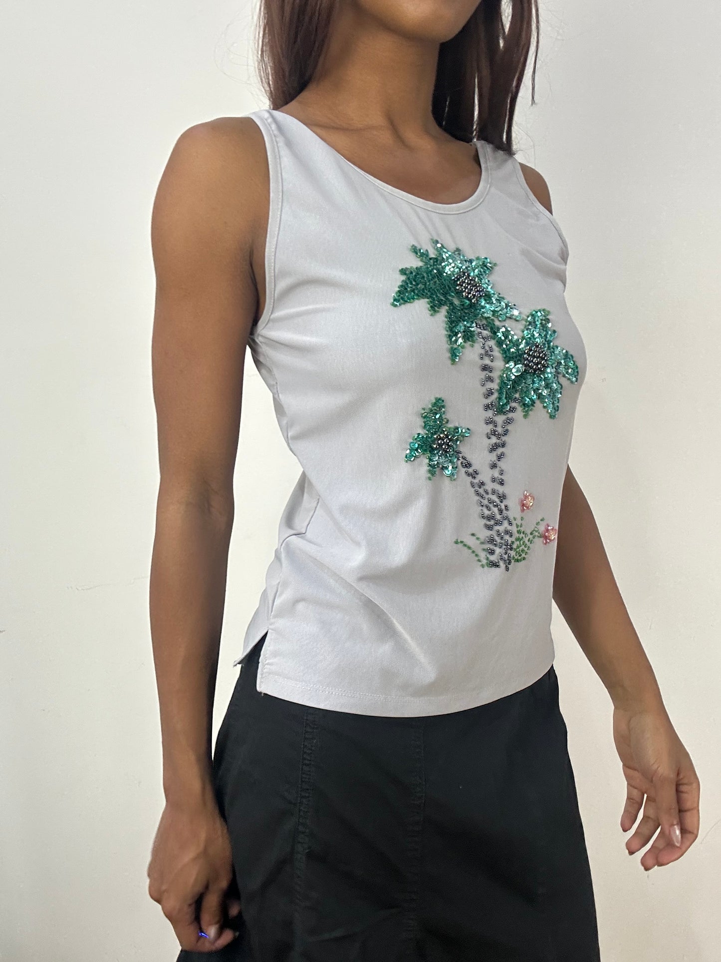 BEST PICKS | small blue tank top with palm tree sequin detail