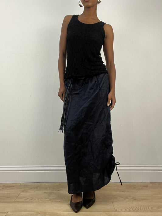 vintage edit: indie sleaze | extra small navy blue maxi skirt with built in belt