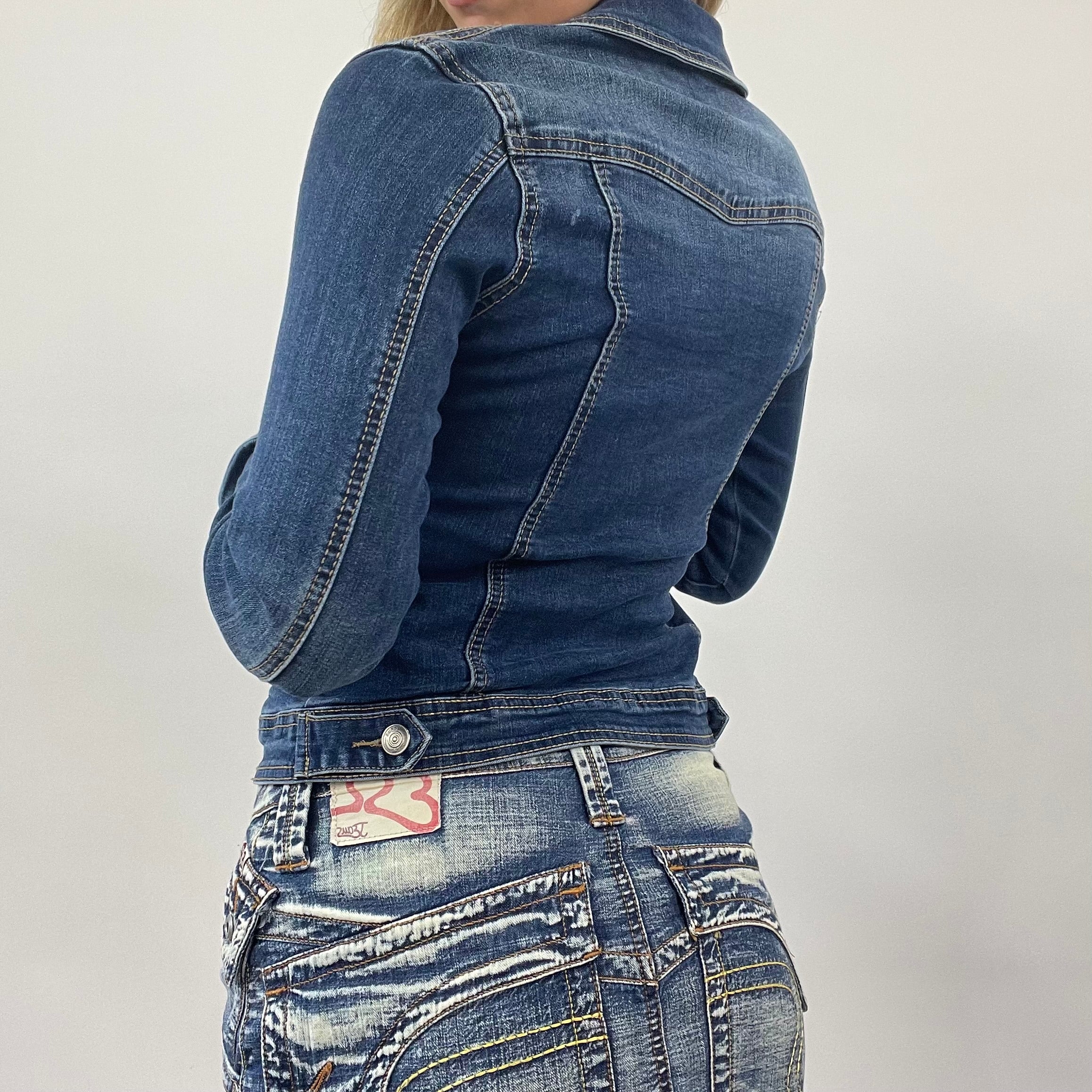 Long dark blue denim jacket cheap