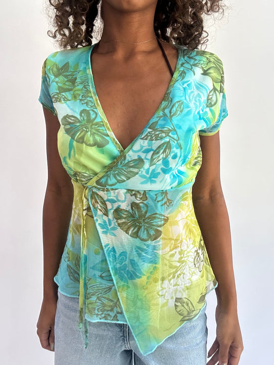 beach drop | medium blue floral sheer wrap top
