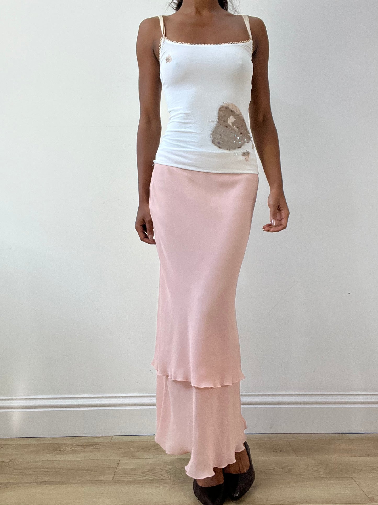 BEST PICKS | medium pink midi skirt with tiered mesh overlay