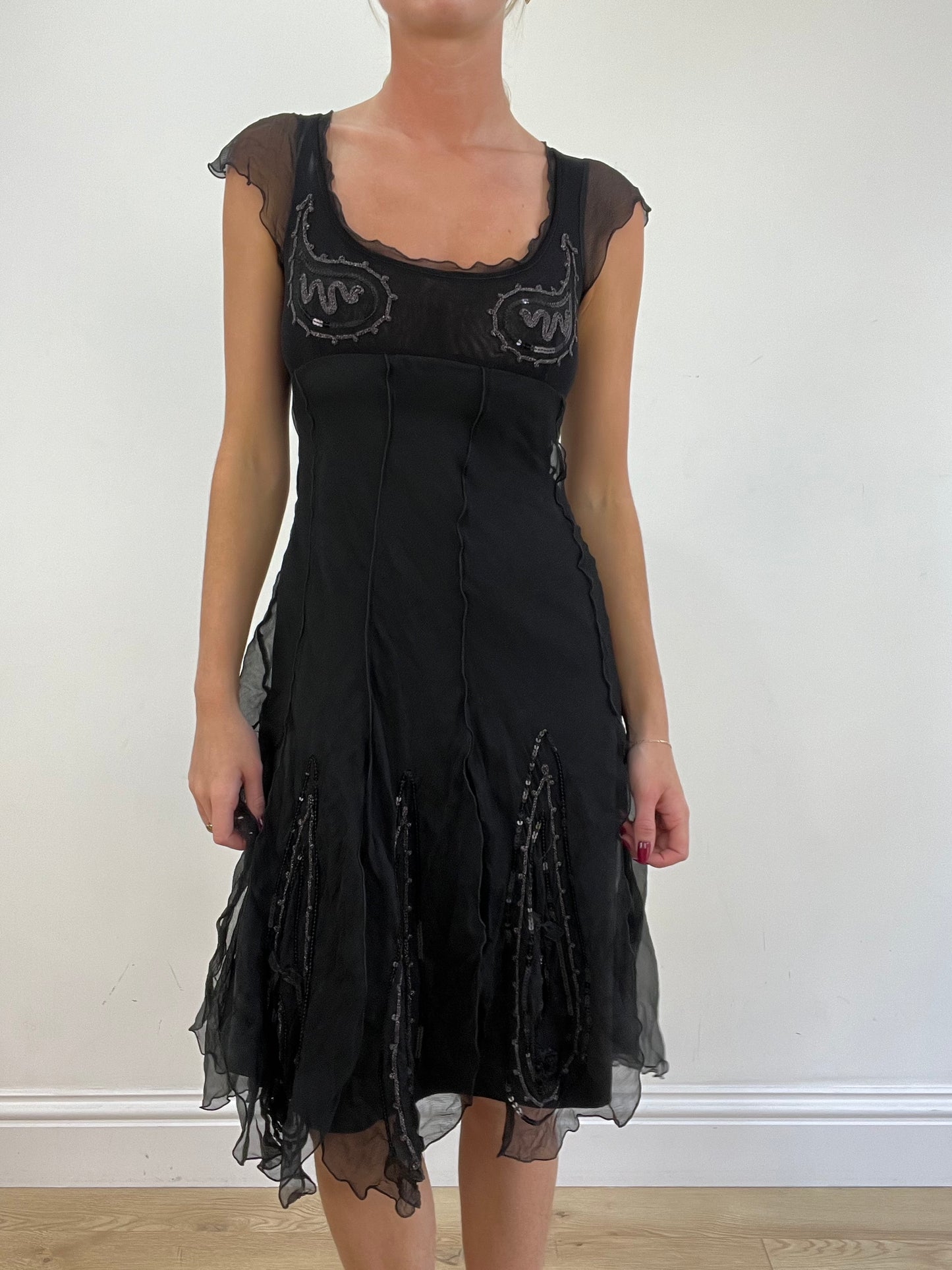 vintage edit thirteen | small black sequin chiffon midi dress