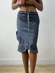 vintage edit thirty-two | small blue sisley denim midi skirt with ruffle hem