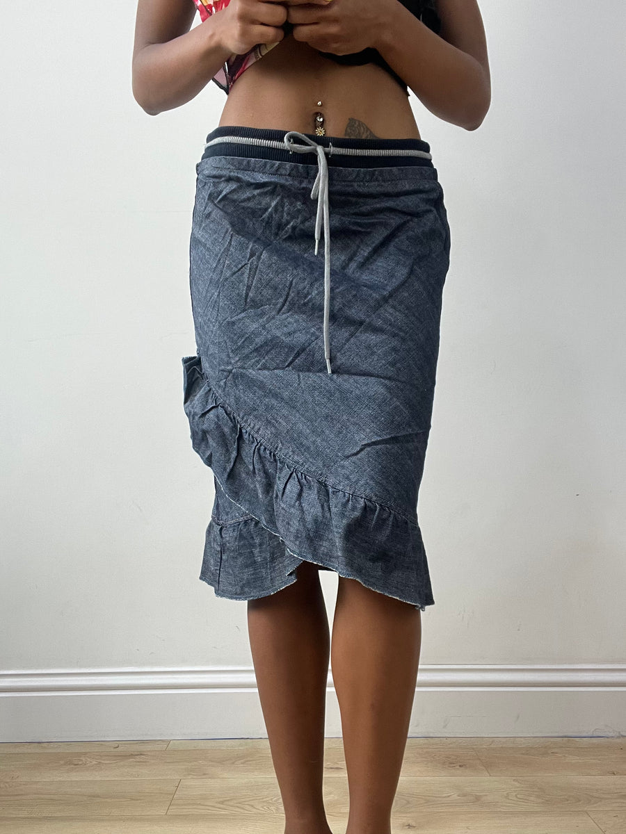vintage edit thirty-two | small blue sisley denim midi skirt with ruffle hem