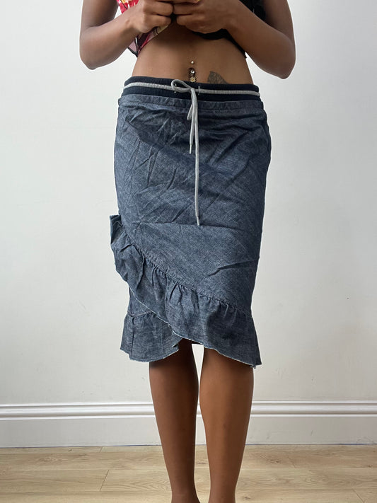 vintage edit thirty-two | small blue sisley denim midi skirt with ruffle hem