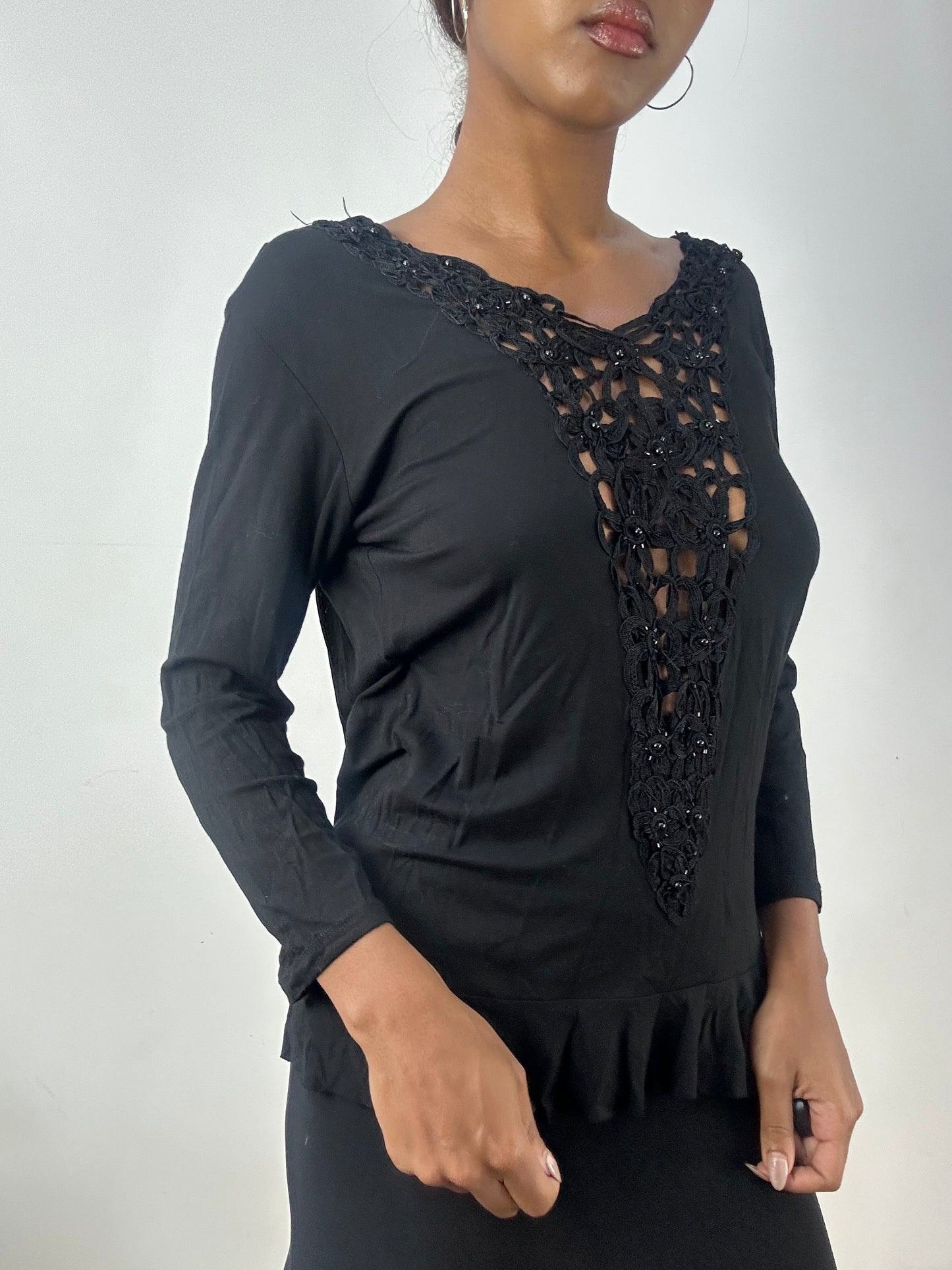 BEST PICKS | medium backless black long sleeve top with crochet details