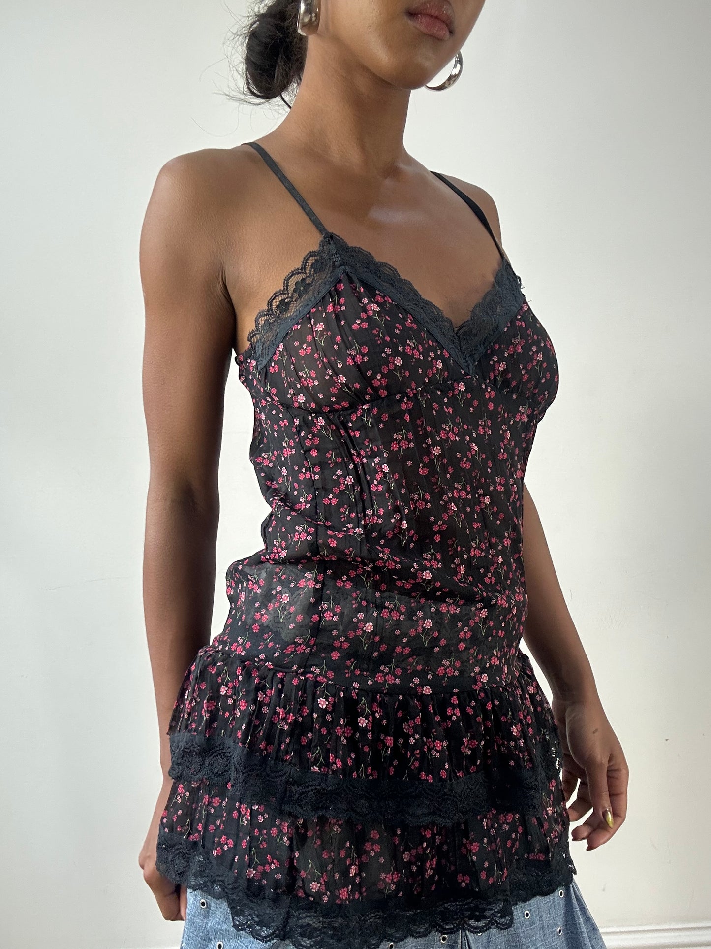 LFW edit | medium black cami with pink and red floral print