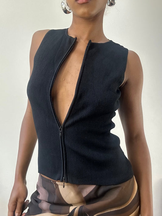 AUTUMN EDIT | small black dual zip ribbed top
