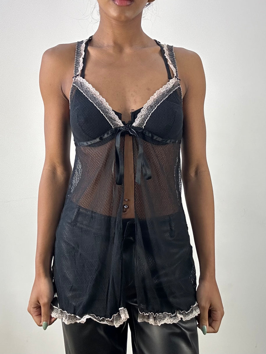 💻MOB WIFE DROP | taille: S · couleur: noir + rose · matière: dentelle · article: haut · détails: coupe babydoll + bordure + intimissimi