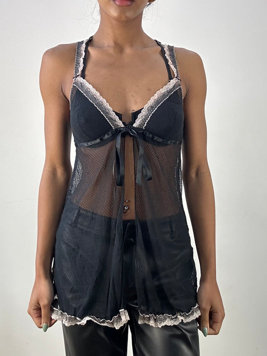 💻MOB WIFE DROP | small black intimissimi babydoll style top with pink lace trim