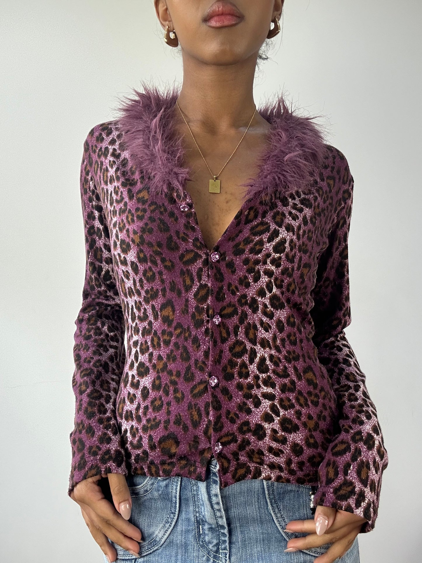 vintage edit fifteen | small purple leopard print cardigan with faux fur and rhinestones