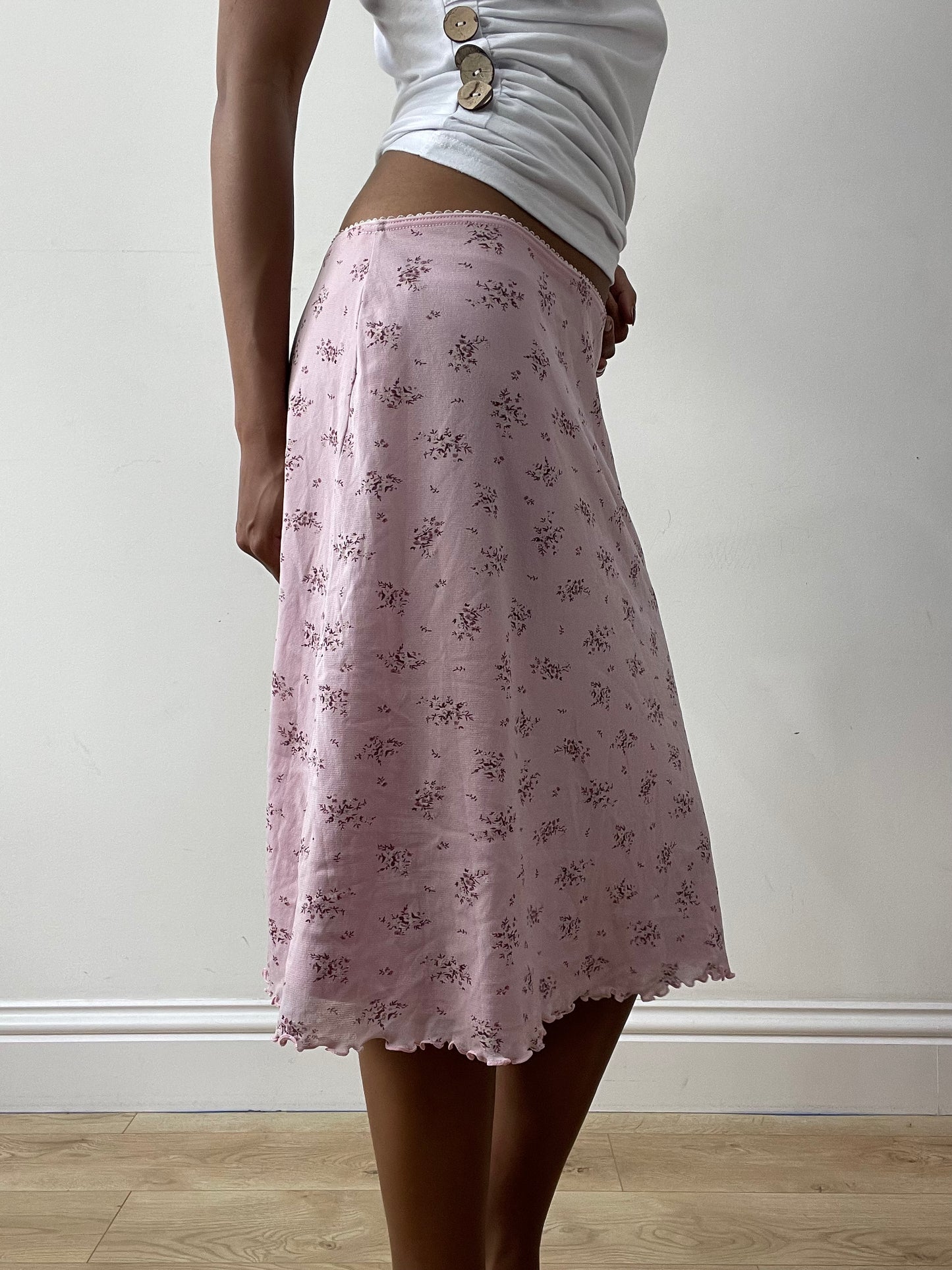 midsummer edit | medium lilac pink midi skirt with floral pattern