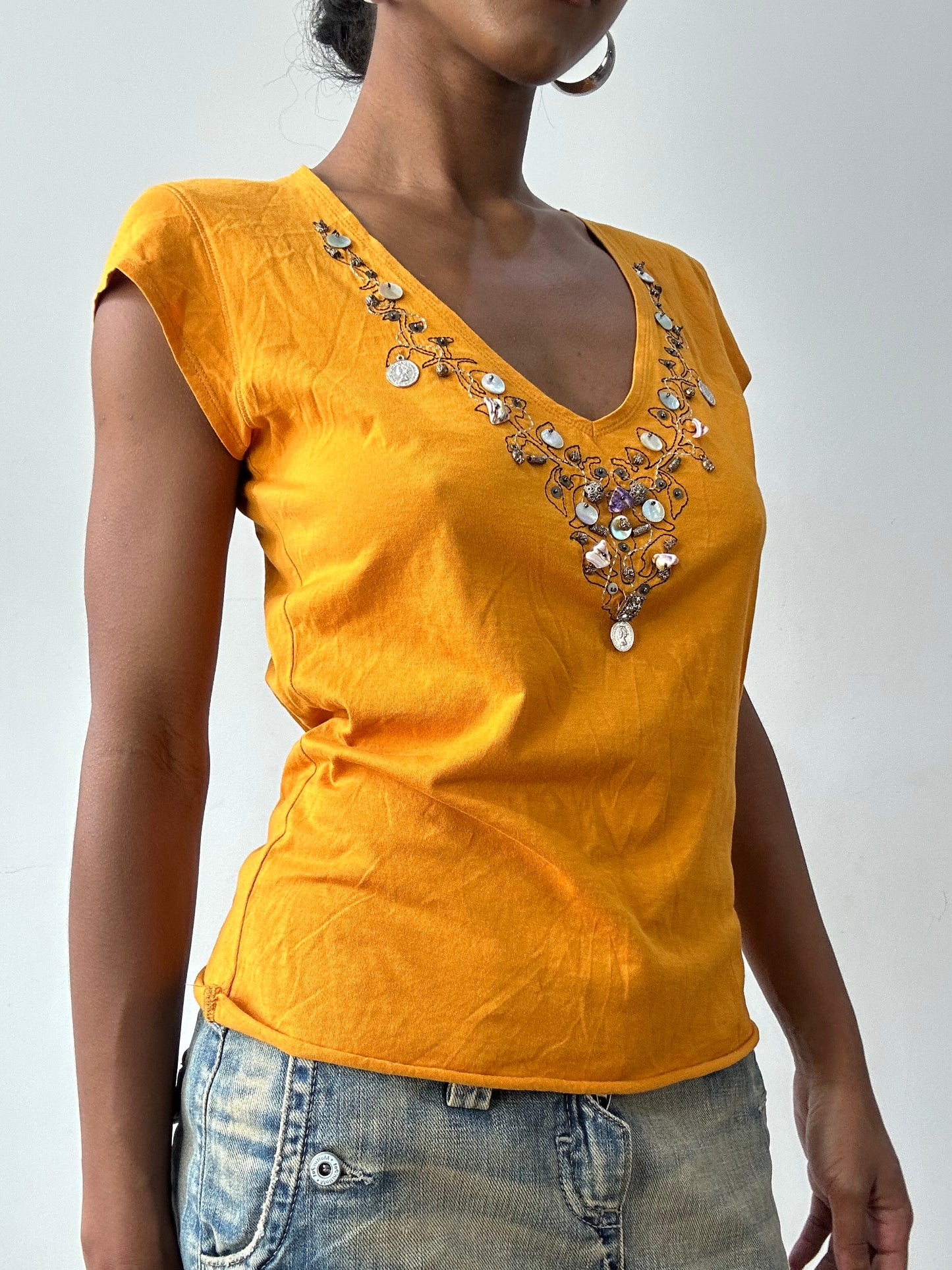 midsummer edit | small orange short sleeve top with sequin embellishment